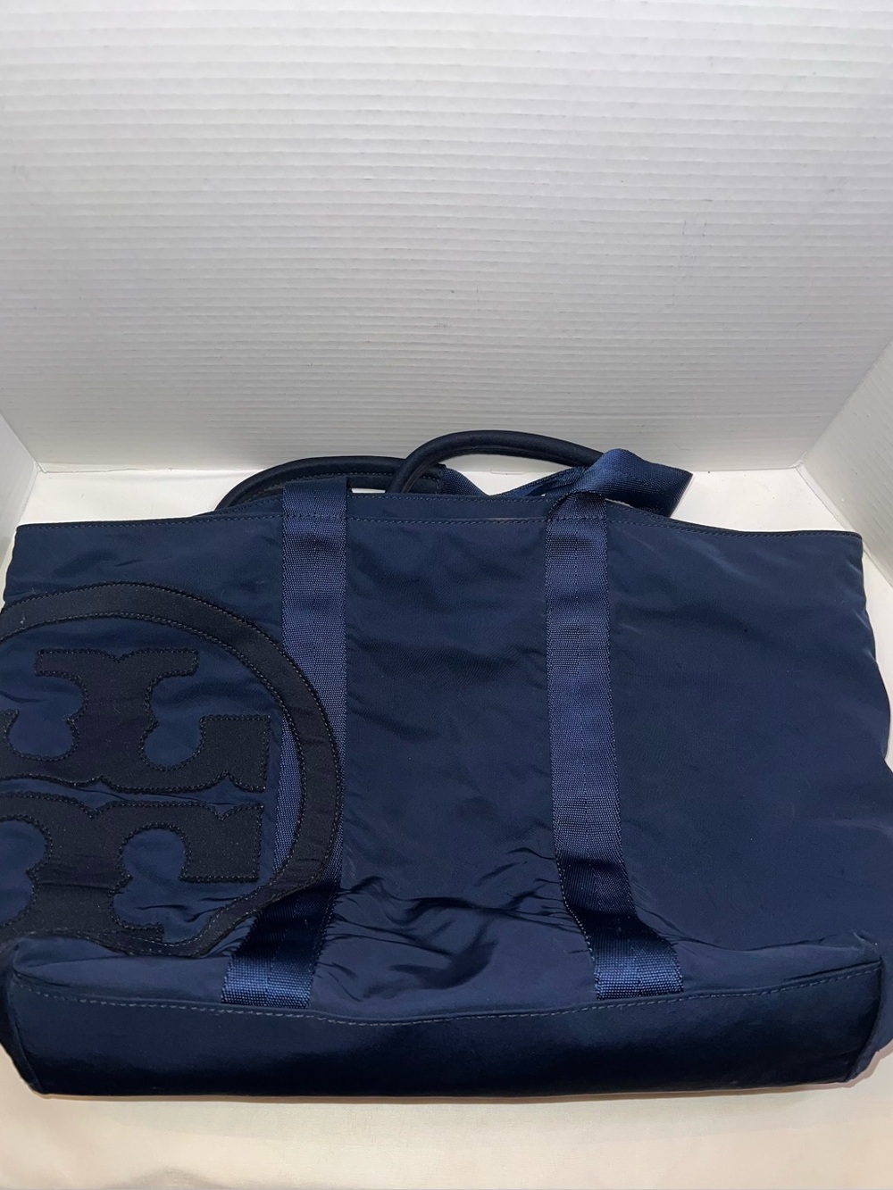 Tory Burch Navy Blue Ella Tote Shoulder Bag Large Nylon Tote with Miller Logo